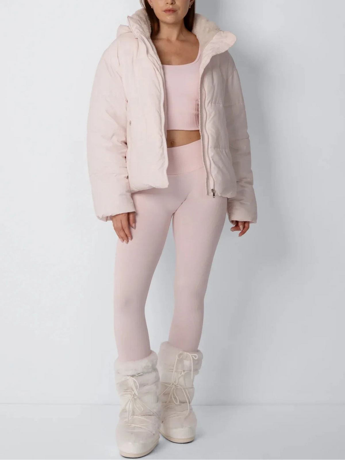 Cropped Fleece-Lined Puffer Jacket With High Collar