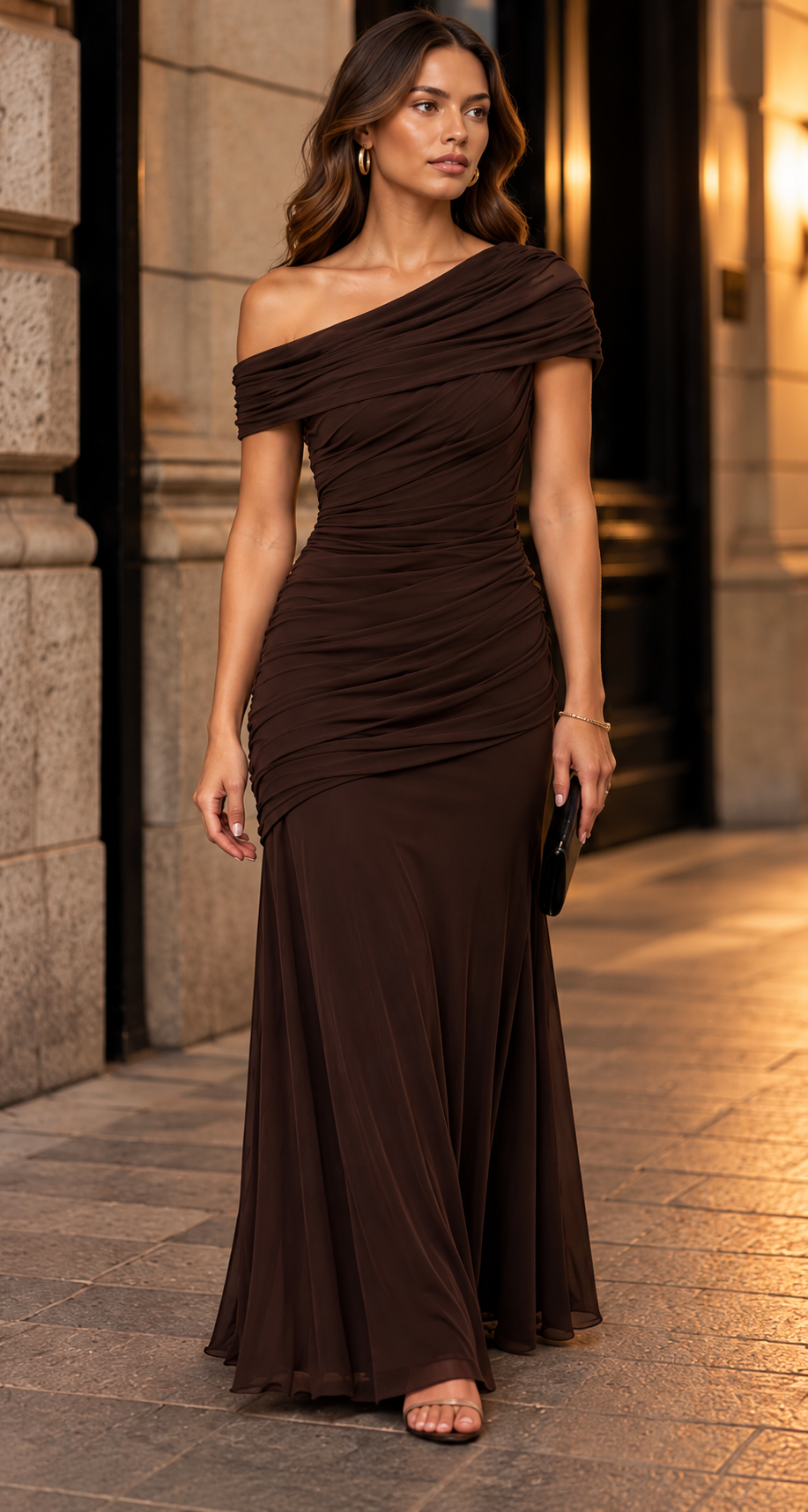 Off-Shoulder Ruched Maxi Dress With Fishtail Skirt