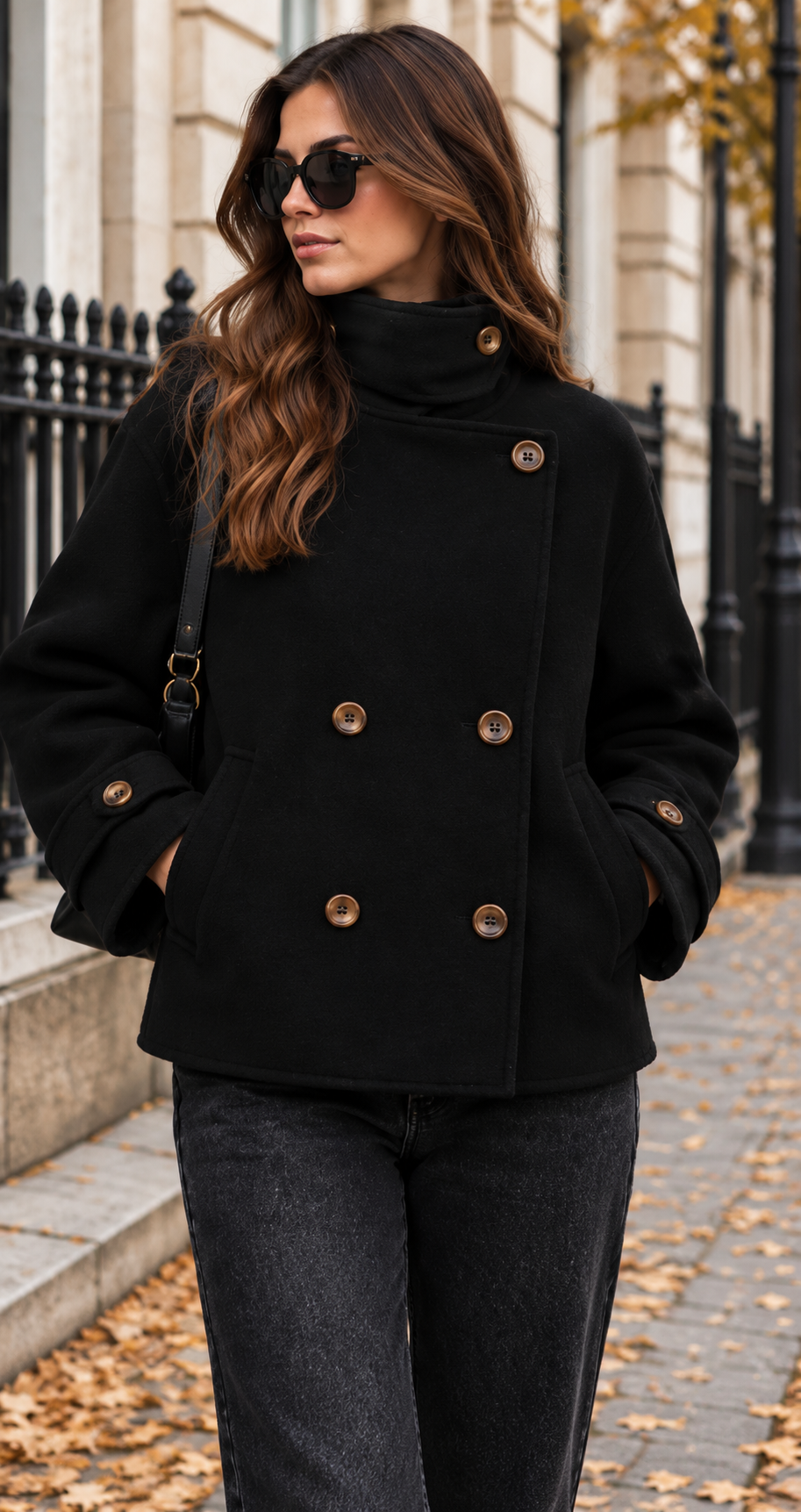 Boxy Double-Breasted Wool-Look Coat With Funnel Neck