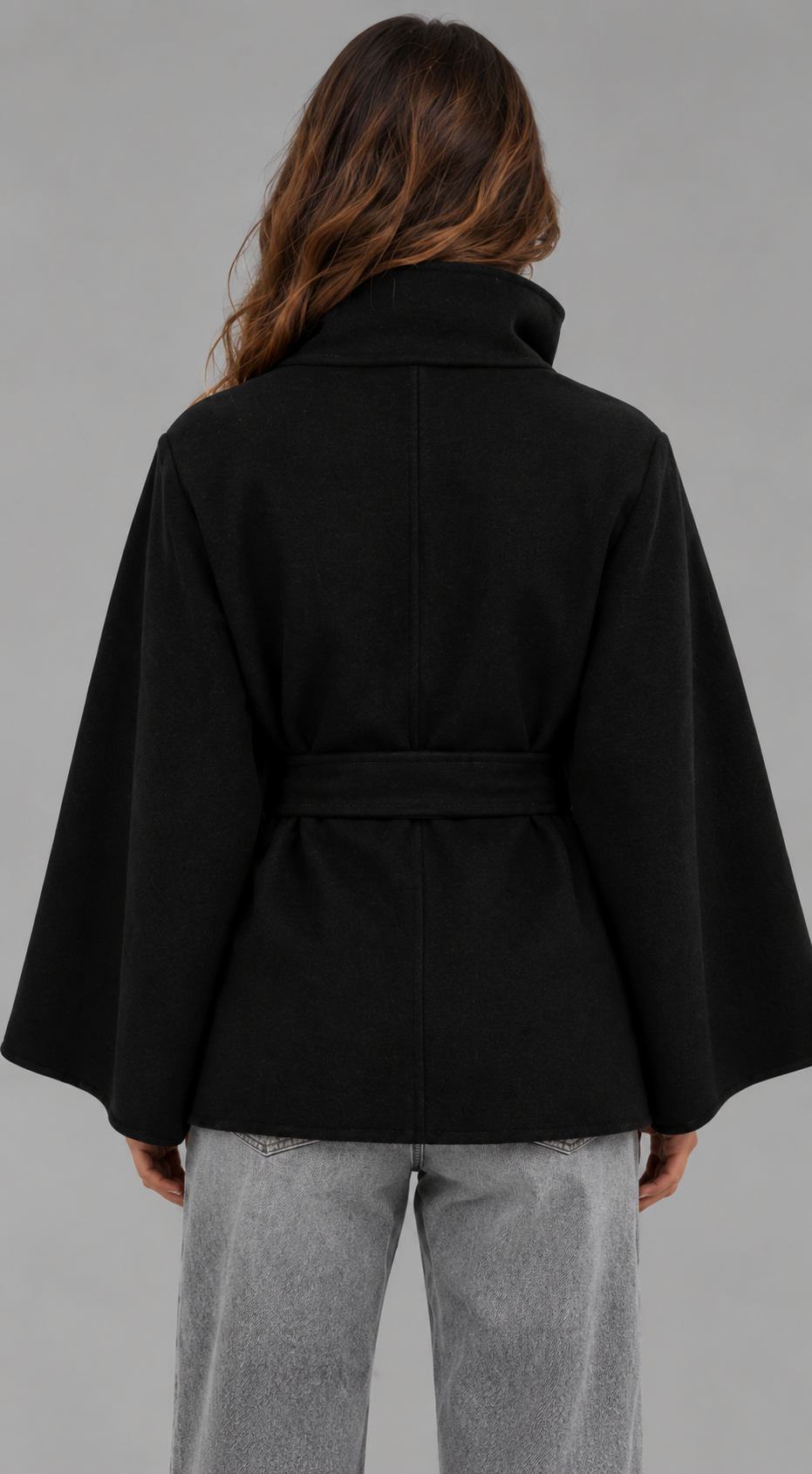 Belted Wool-Look Cape Coat With Funnel Neck