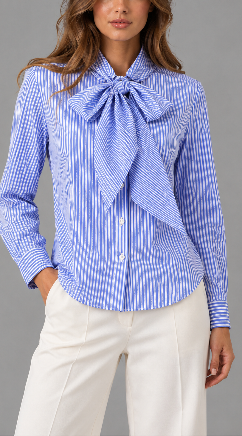 Striped Shirt With Oversized Pussy Bow