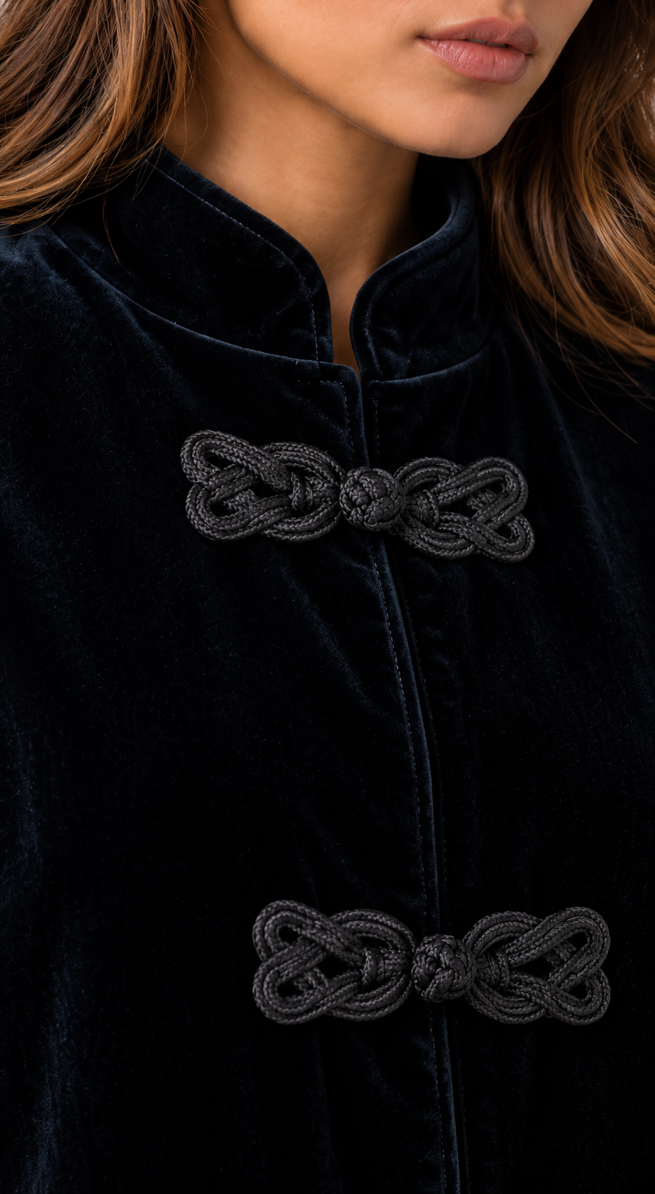 Longline Velvet Coat With Frog Fastening