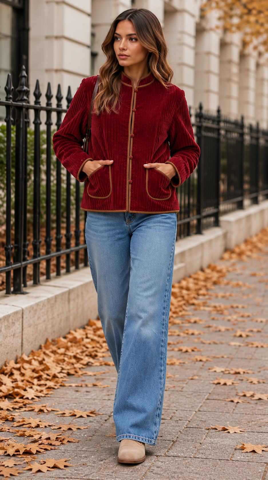 Cropped Collarless Corduroy Jacket With Contrast Trim