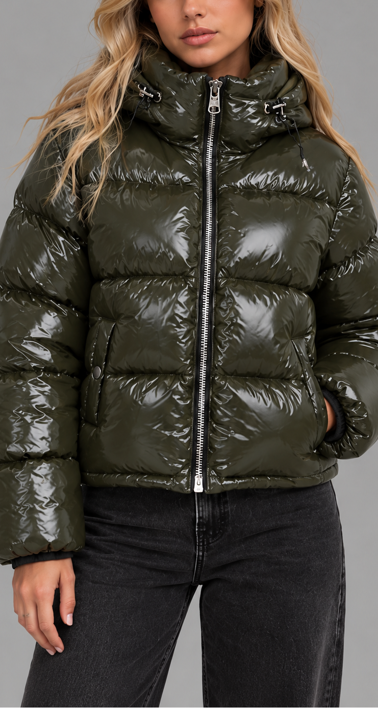 Glossy Quilted Puffer Jacket With Hood