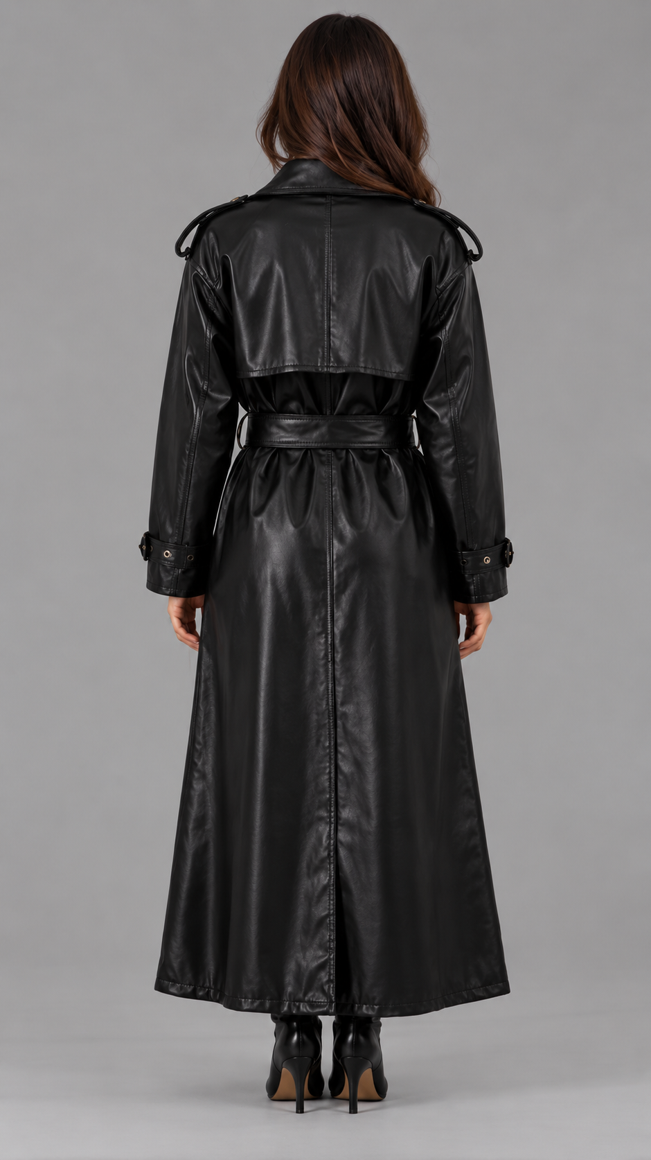Longline Faux Leather Trench Coat With Belt