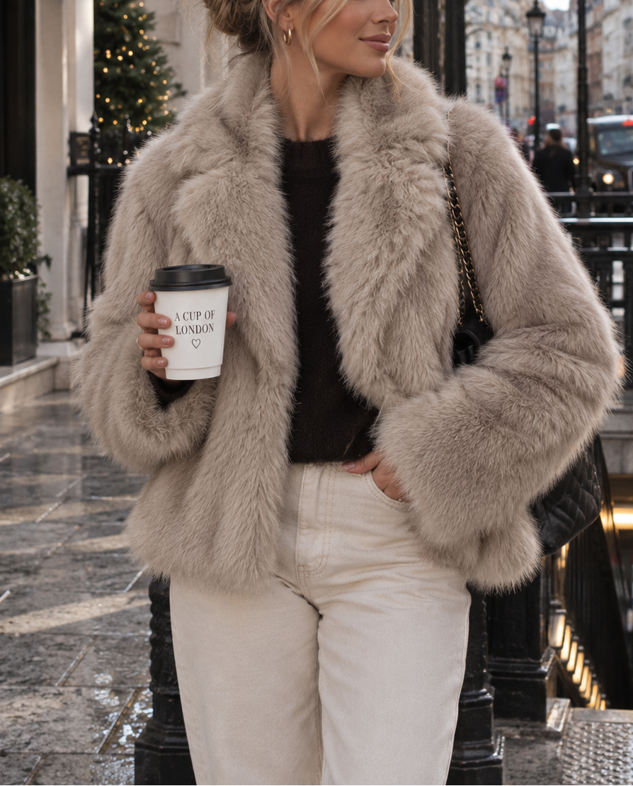 Cropped Faux Fur Jacket With Shawl Collar
