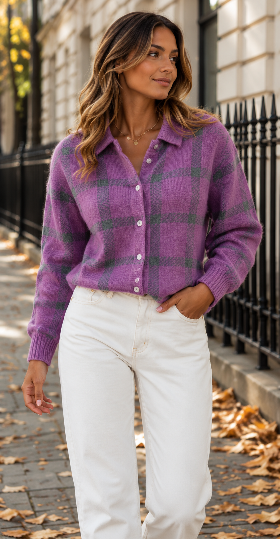 Relaxed Checked Knit Cardigan With Shirt Collar