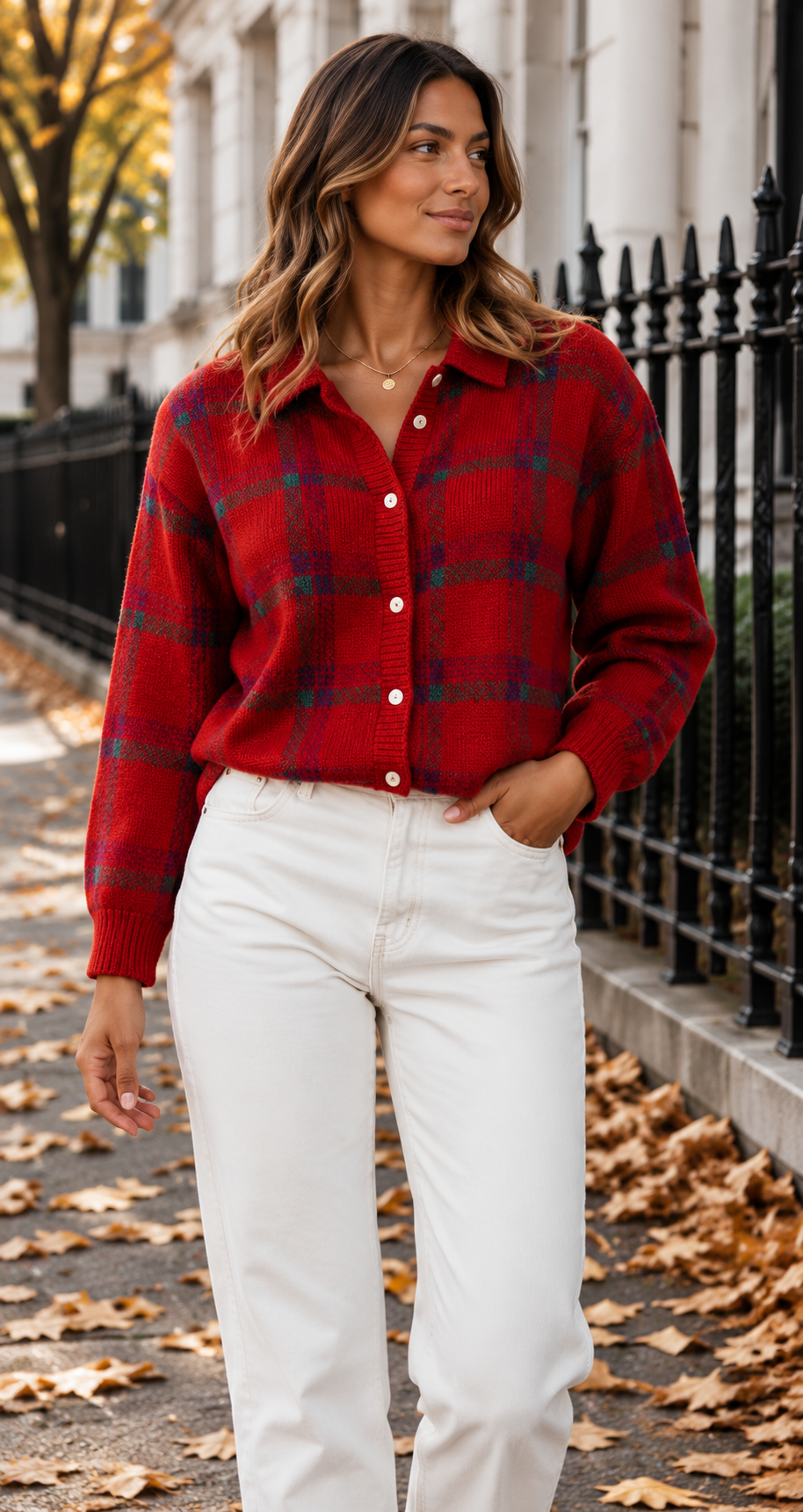 Relaxed Checked Knit Cardigan With Shirt Collar