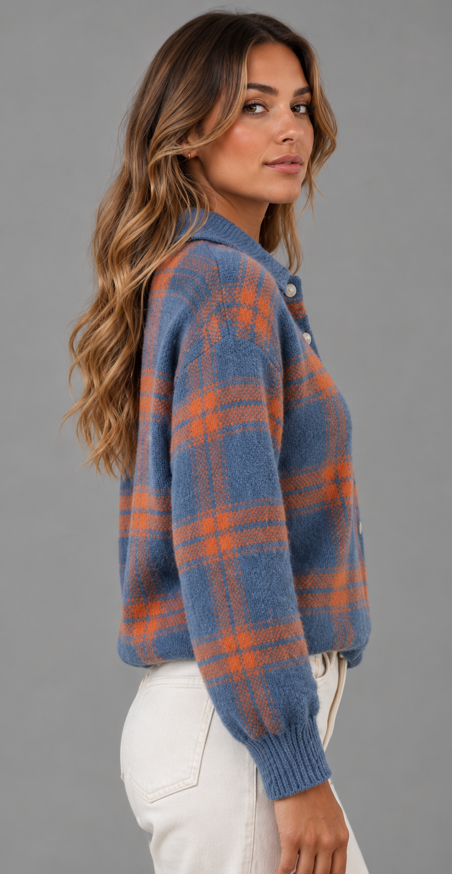 Relaxed Checked Knit Cardigan With Shirt Collar