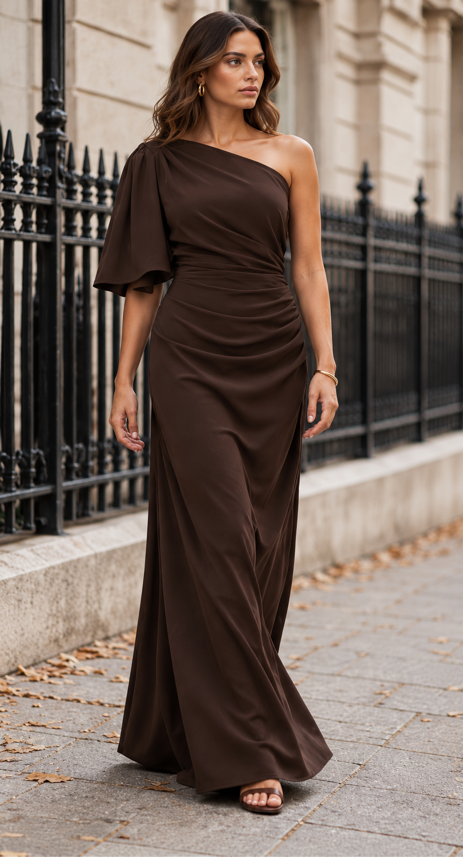 One-Shoulder Draped Maxi Dress With Flutter Sleeve