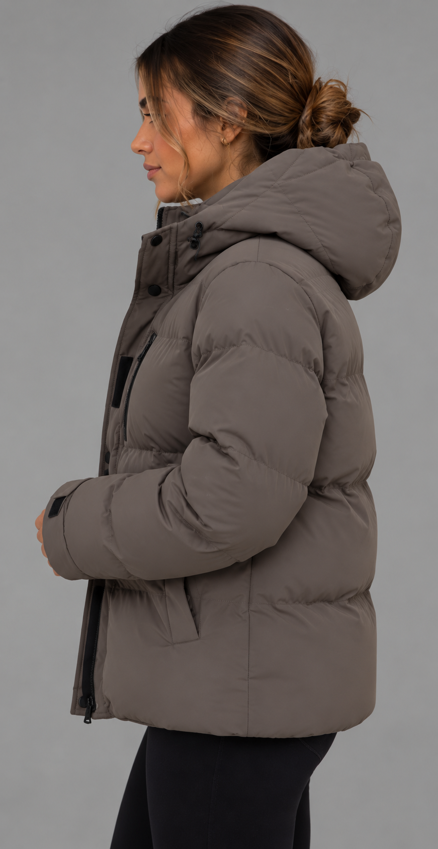 Taupe Utility Puffer Jacket With Detachable Hood
