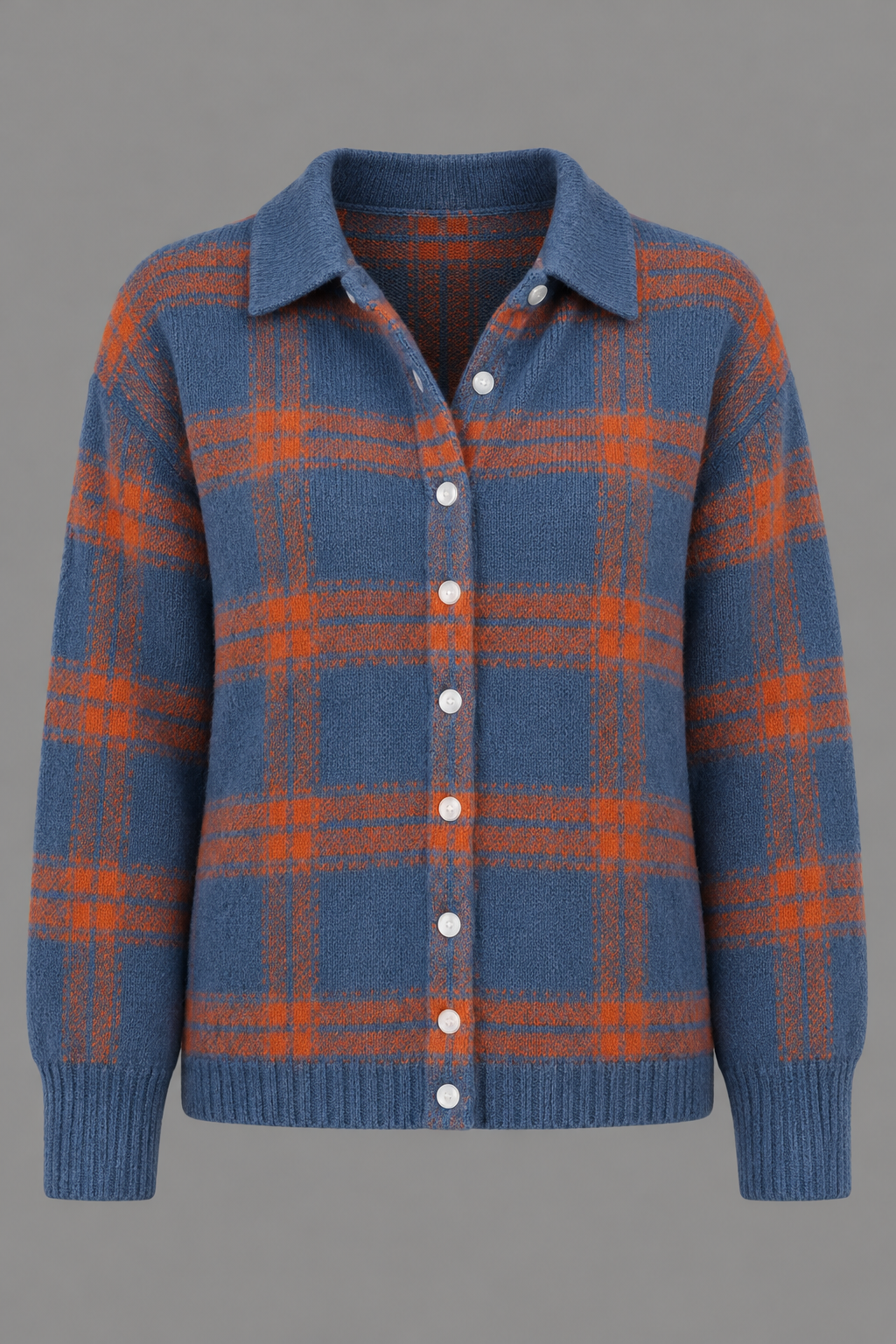 Relaxed Checked Knit Cardigan With Shirt Collar