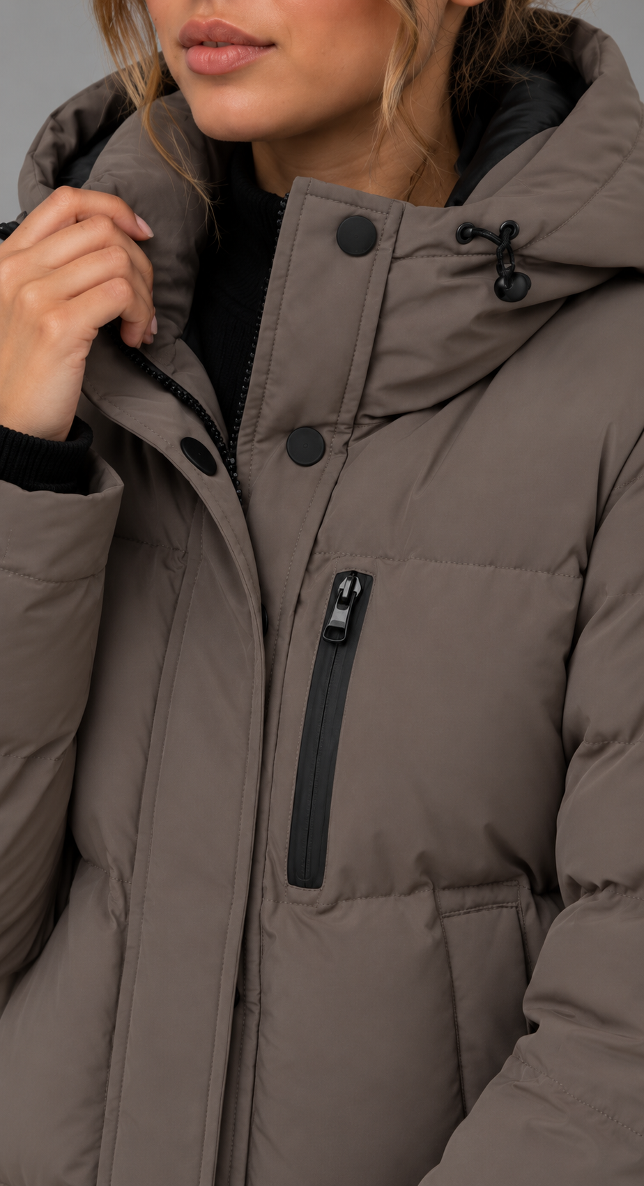 Taupe Utility Puffer Jacket With Detachable Hood