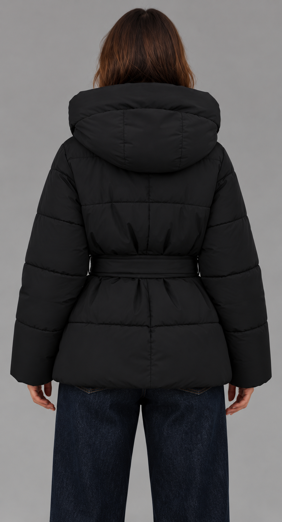 Belted Puffer Jacket With Oversized Funnel Neck