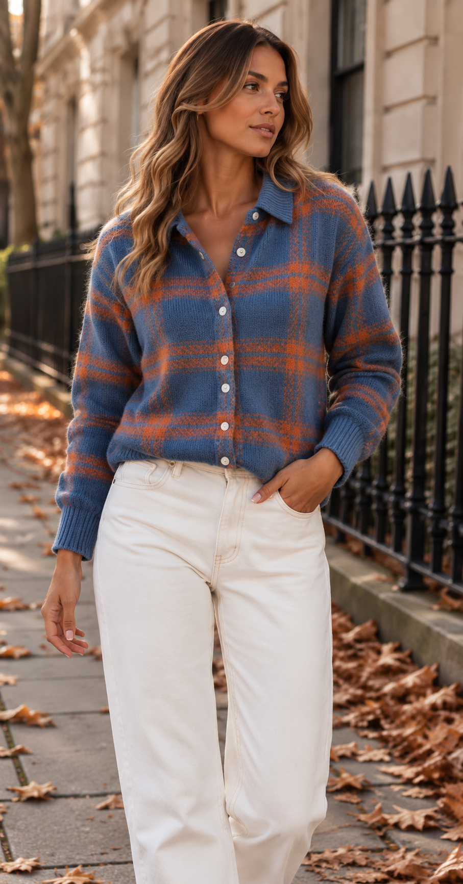 Relaxed Checked Knit Cardigan With Shirt Collar