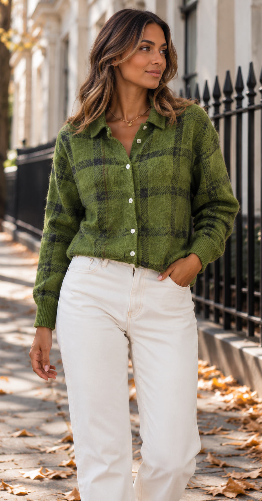 Relaxed Checked Knit Cardigan With Shirt Collar