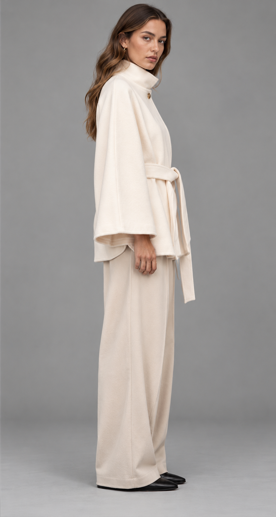 Belted Wool-Look Cape Coat With Funnel Neck