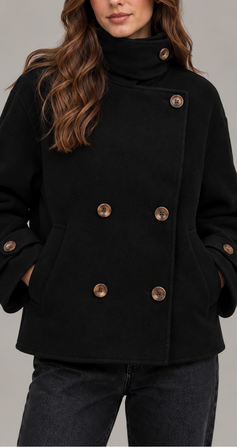 Boxy Double-Breasted Wool-Look Coat With Funnel Neck