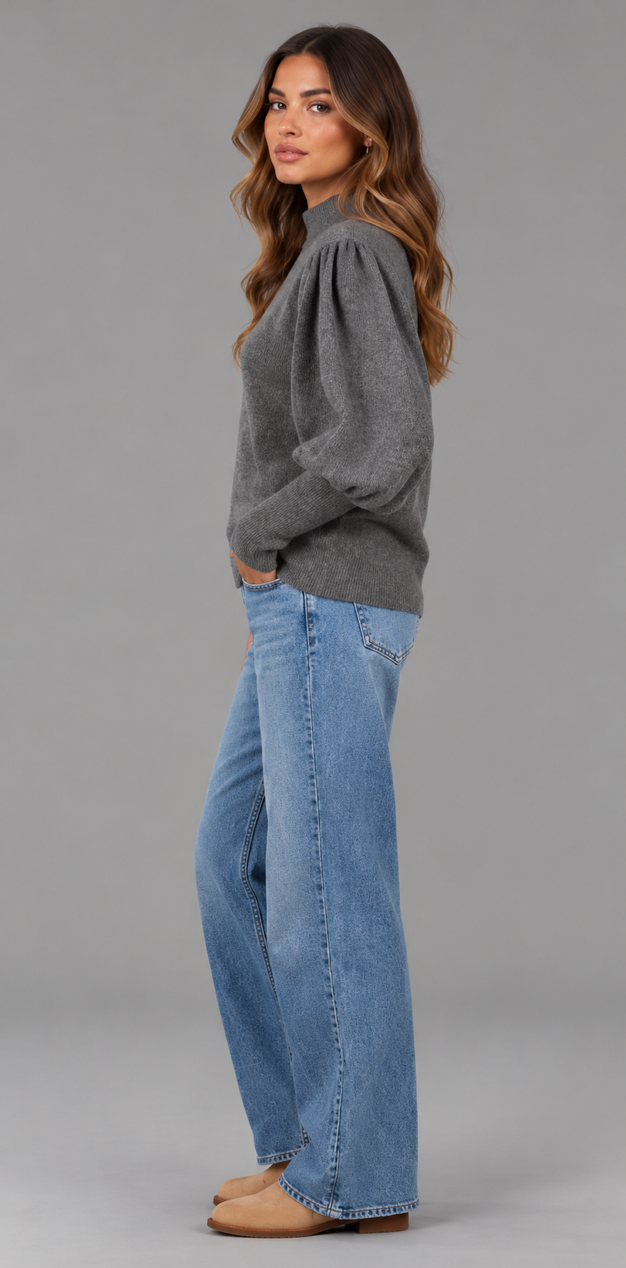 Mock Neck Knit Jumper With Balloon Sleeves