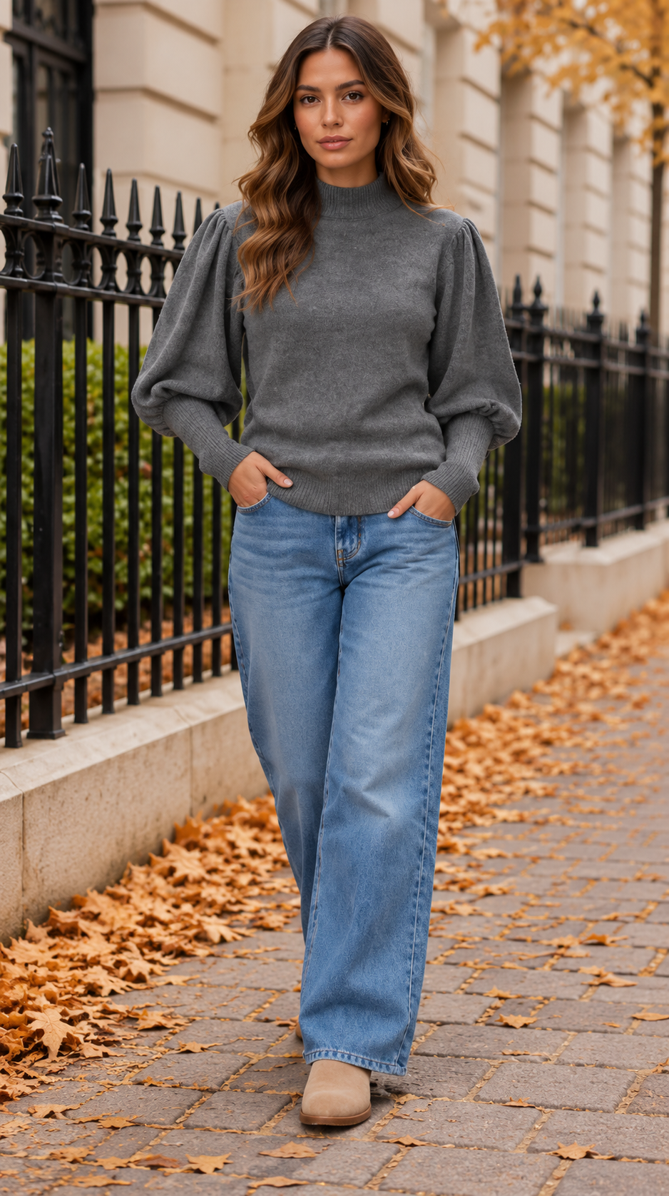 Mock Neck Knit Jumper With Balloon Sleeves