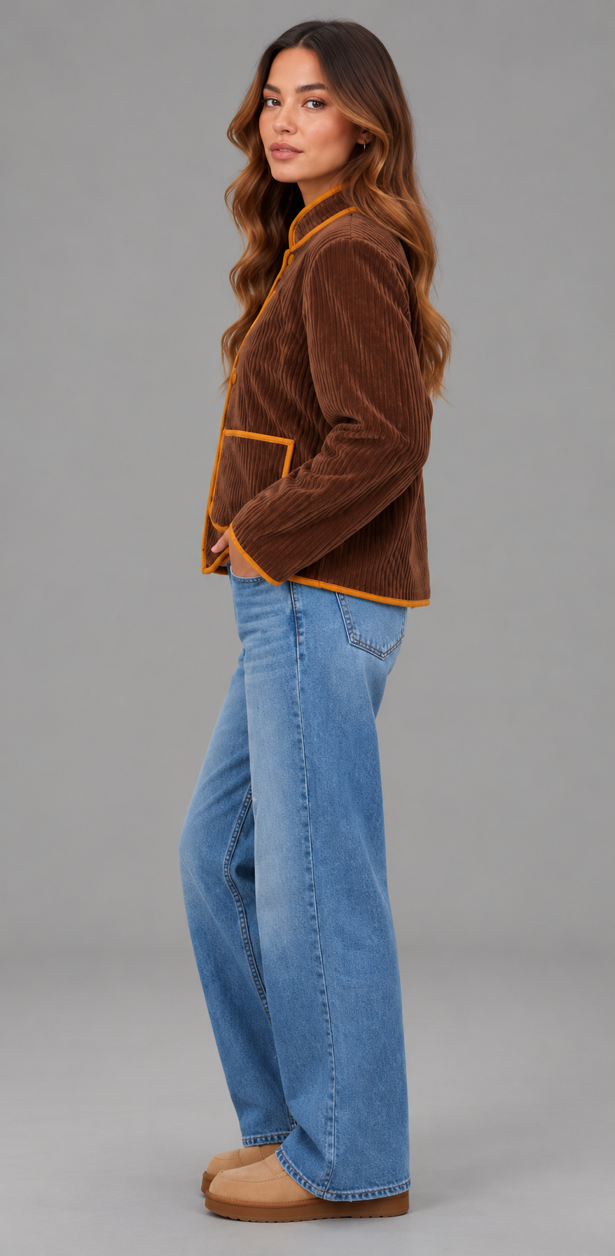 Cropped Collarless Corduroy Jacket With Contrast Trim