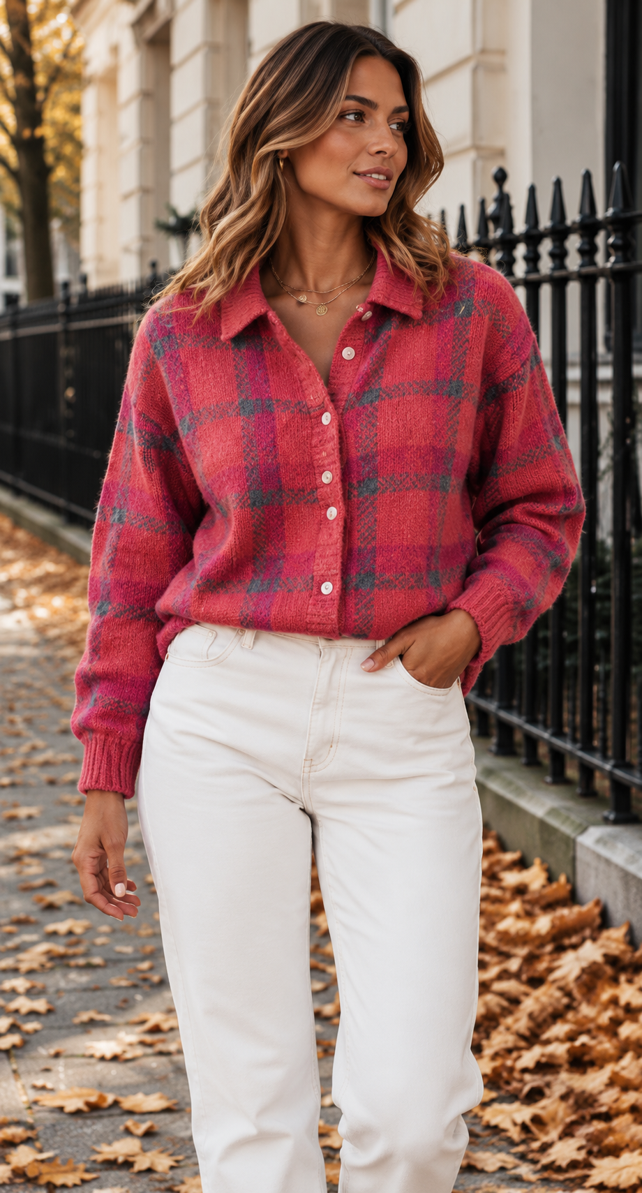Relaxed Checked Knit Cardigan With Shirt Collar