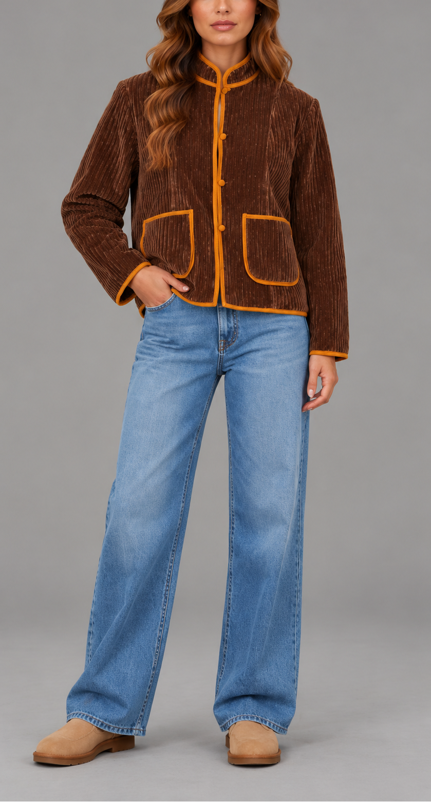 Cropped Collarless Corduroy Jacket With Contrast Trim