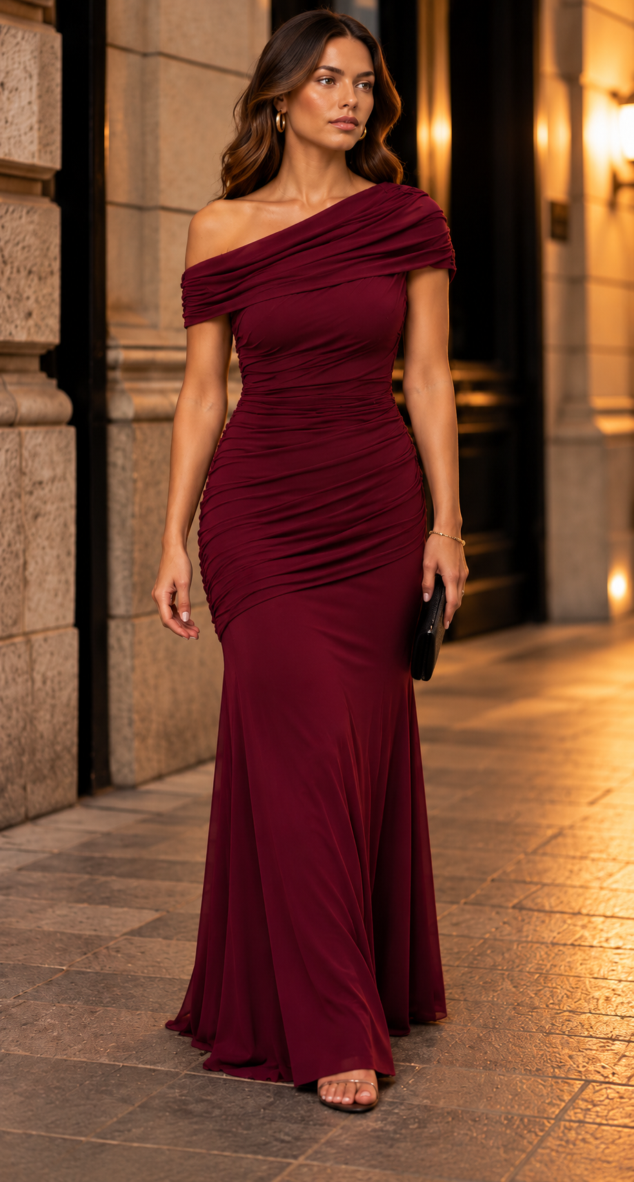 Off-Shoulder Ruched Maxi Dress With Fishtail Skirt