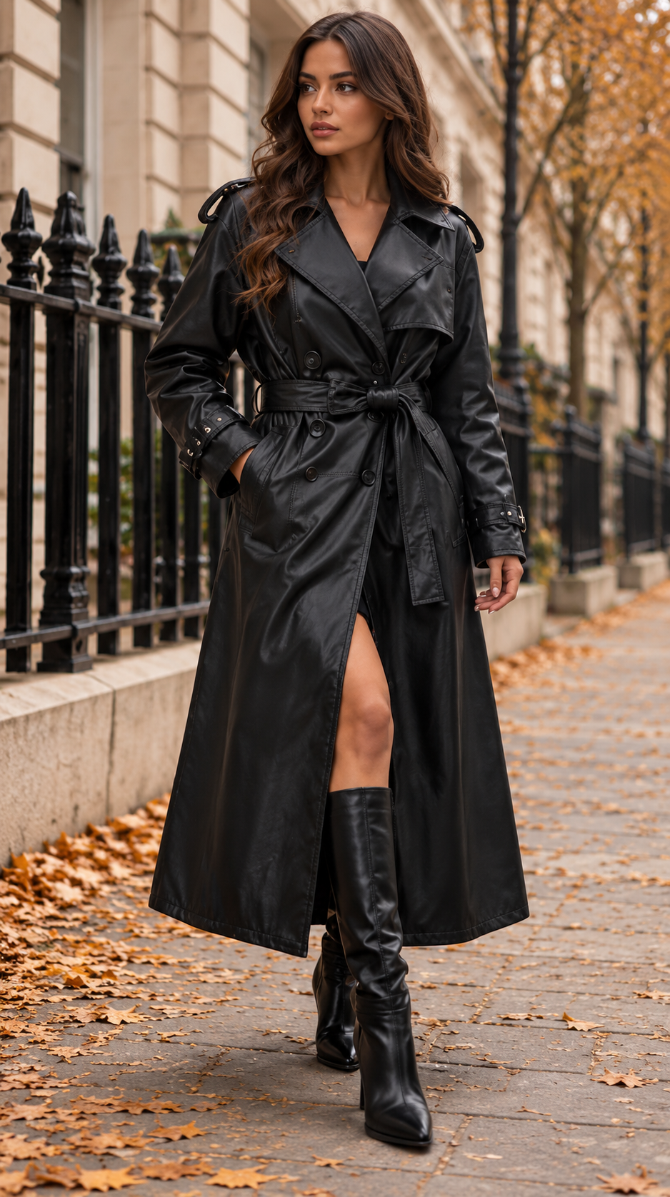 Longline Faux Leather Trench Coat With Belt