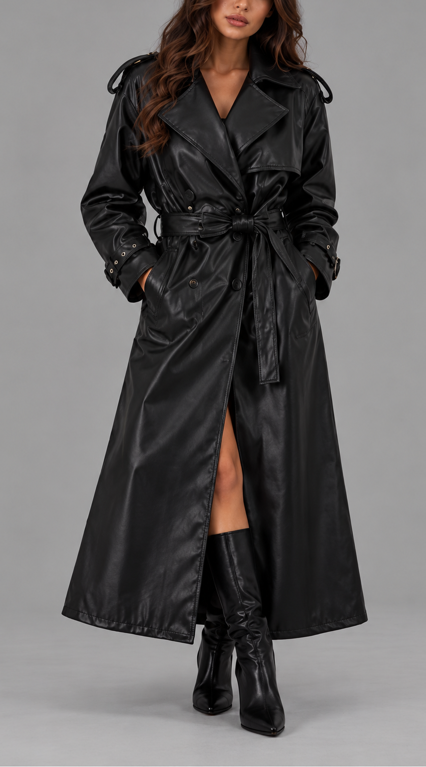 Longline Faux Leather Trench Coat With Belt
