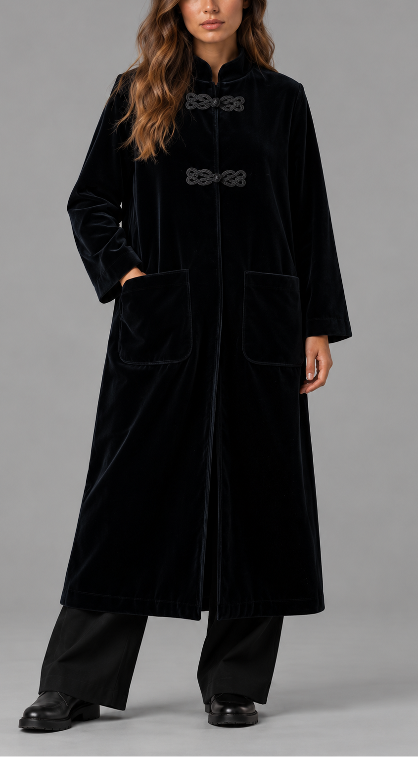 Longline Velvet Coat With Frog Fastening