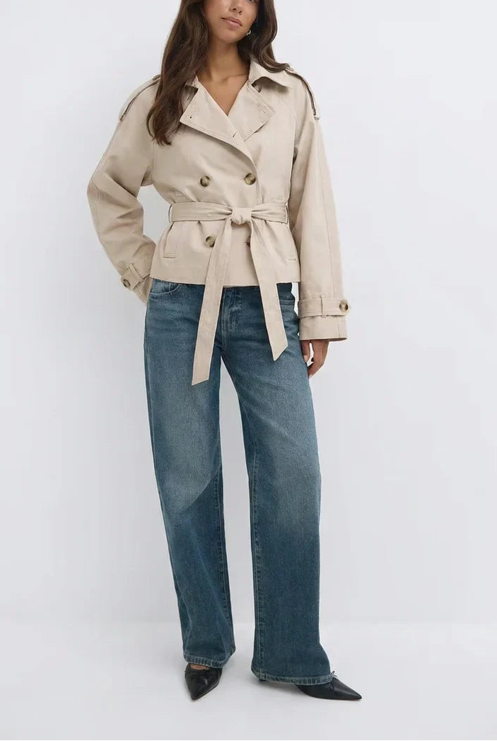 Cropped Double-Breasted Trench Jacket With Belt