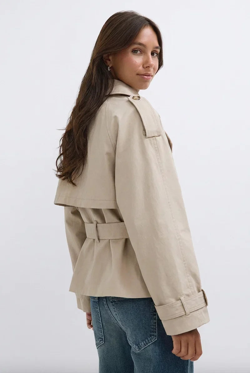 Cropped Double-Breasted Trench Jacket With Belt