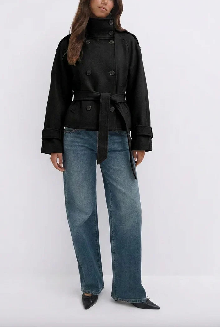 Cropped Wool-Look Funnel Neck Jacket With Belt