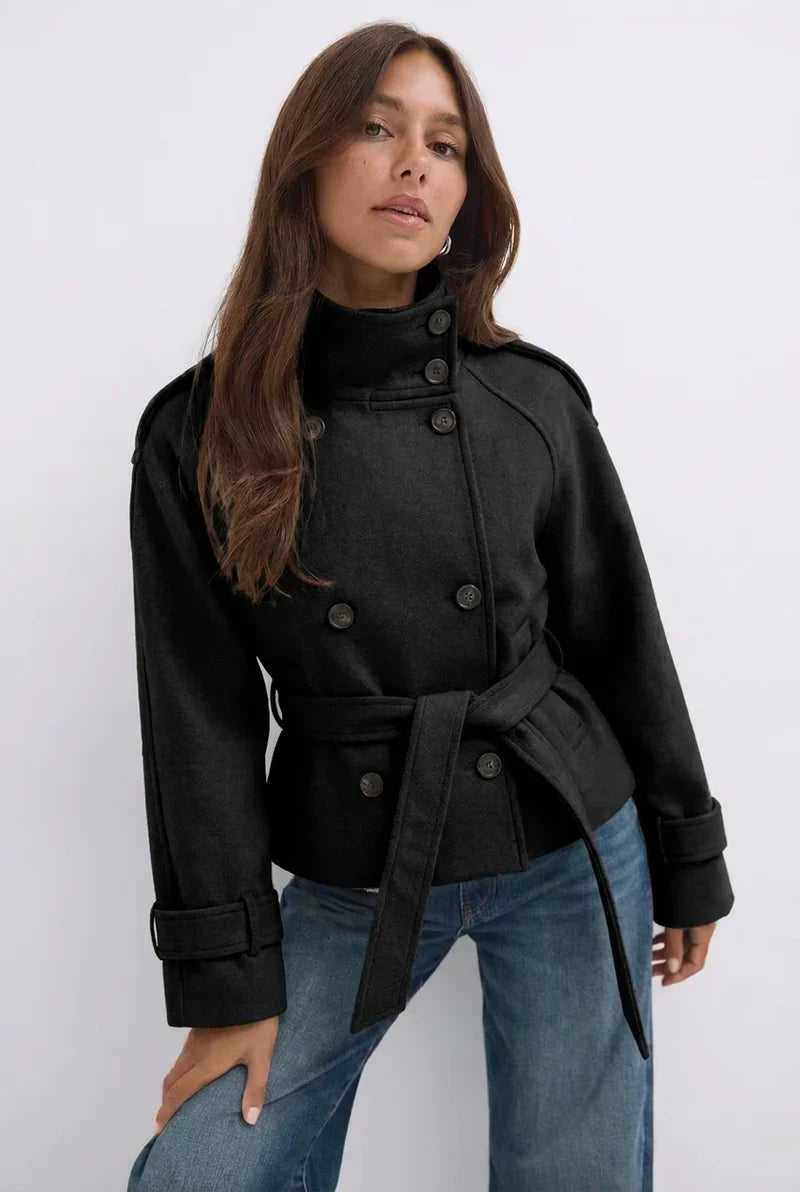 Cropped Wool-Look Funnel Neck Jacket With Belt