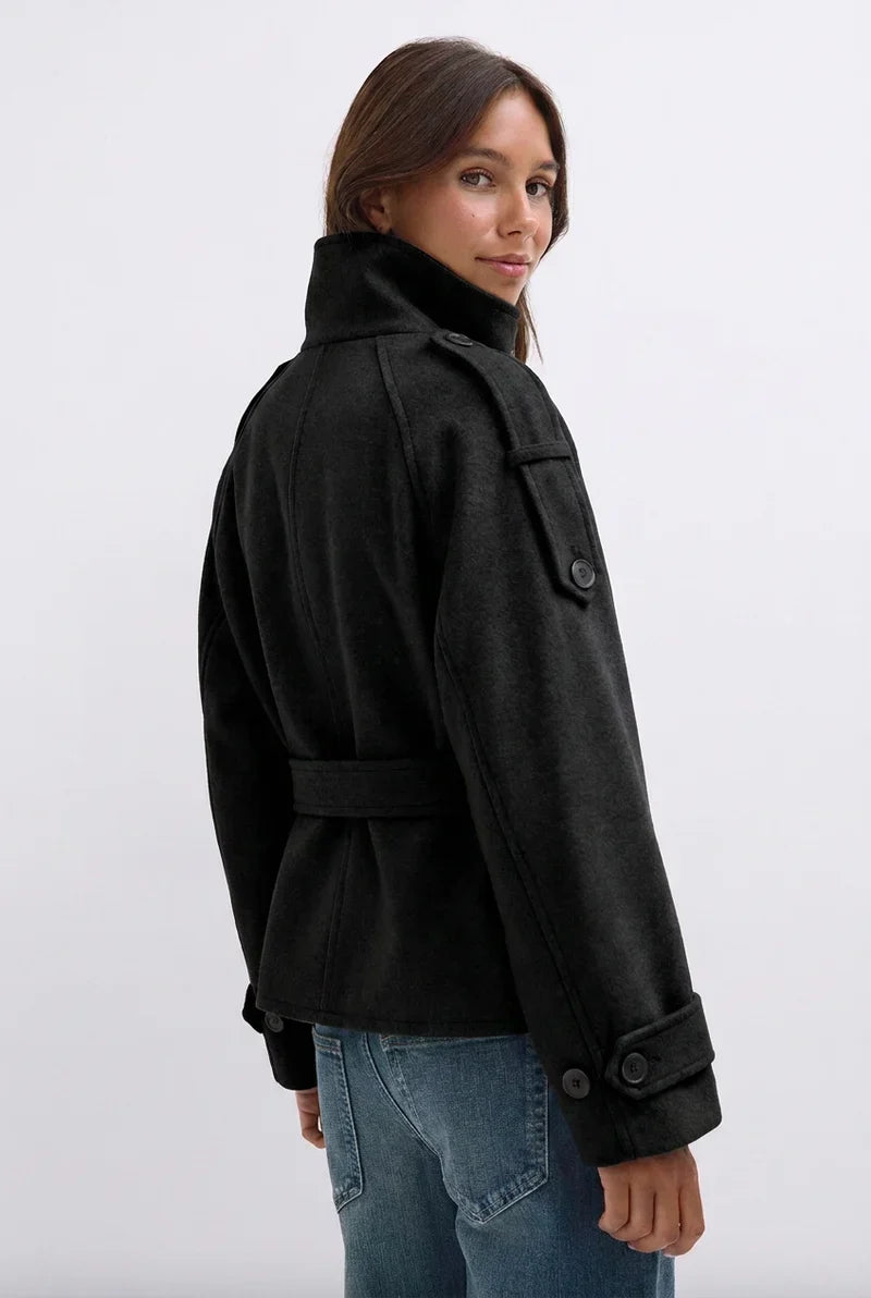 Cropped Wool-Look Funnel Neck Jacket With Belt