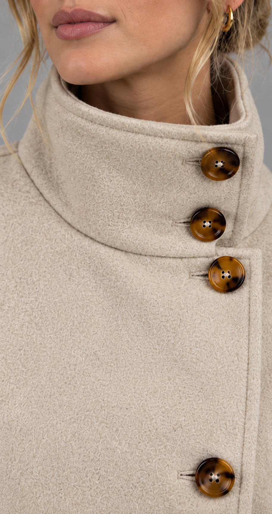Funnel Neck Wool-Look Coat With Tortoiseshell Buttons