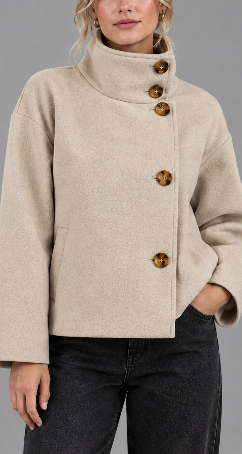 Funnel Neck Wool-Look Coat With Tortoiseshell Buttons