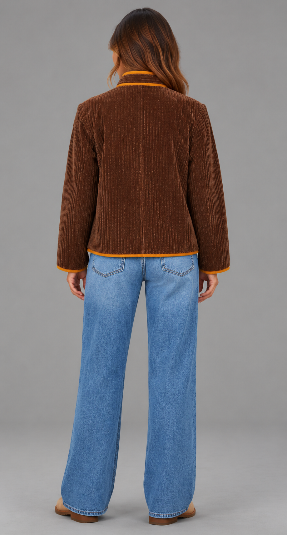 Cropped Collarless Corduroy Jacket With Contrast Trim