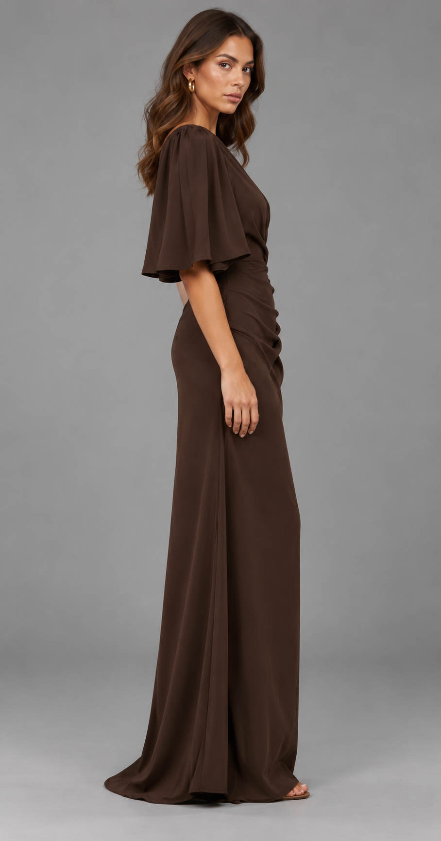 One-Shoulder Draped Maxi Dress With Flutter Sleeve