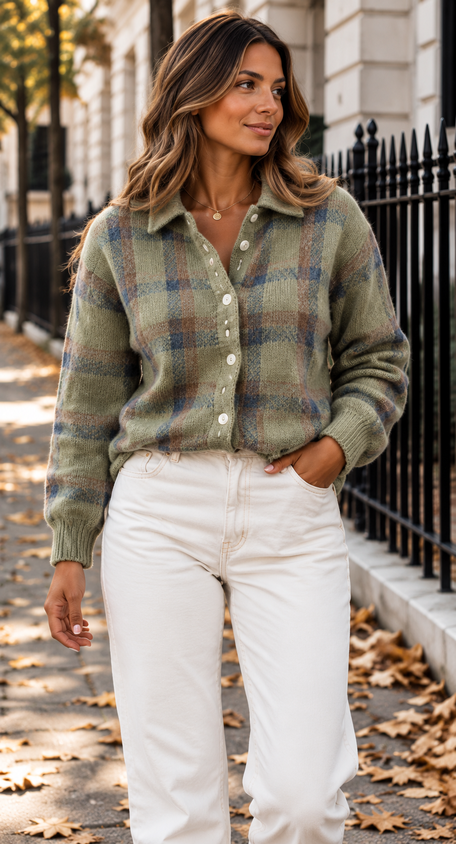 Relaxed Checked Knit Cardigan With Shirt Collar
