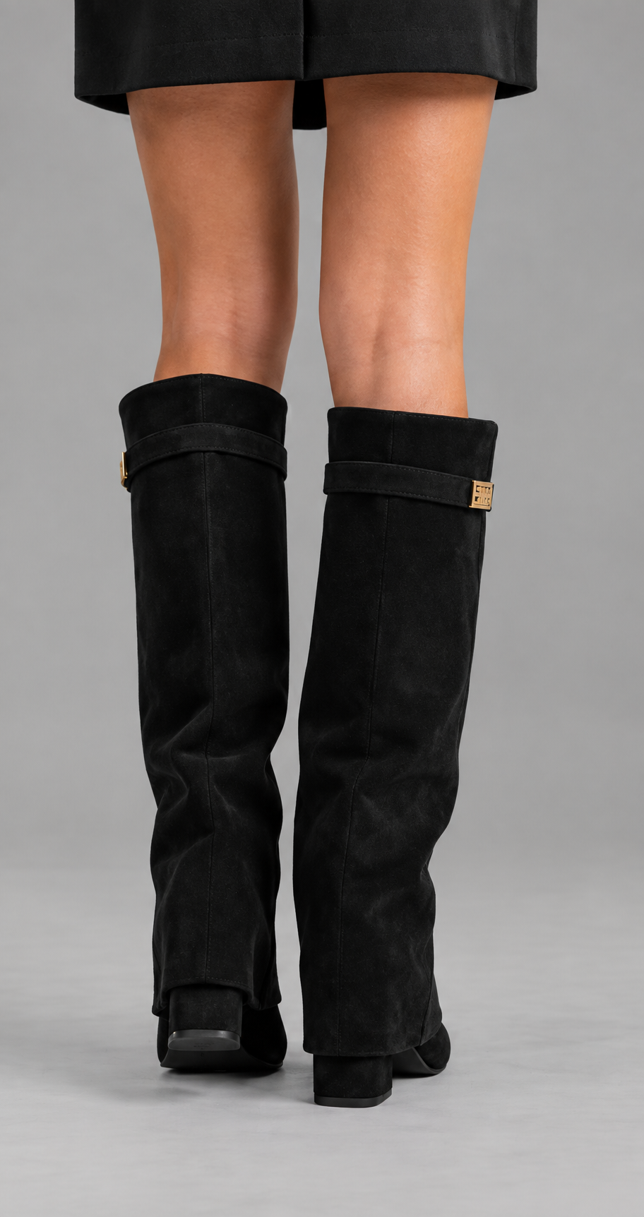 Faux Suede Fold-Over Knee-High Boots With Buckle