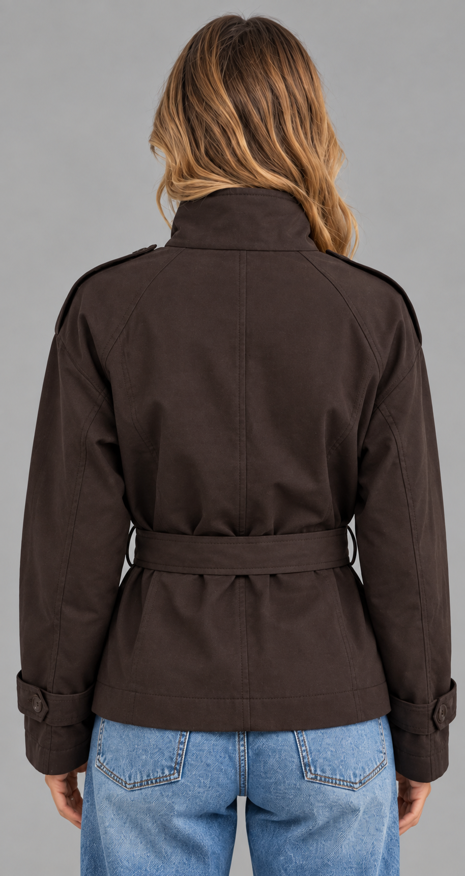 Short Funnel Neck Trench Jacket With Belt