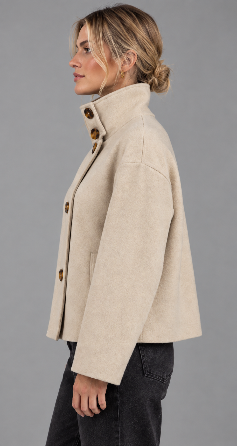 Funnel Neck Wool-Look Coat With Tortoiseshell Buttons