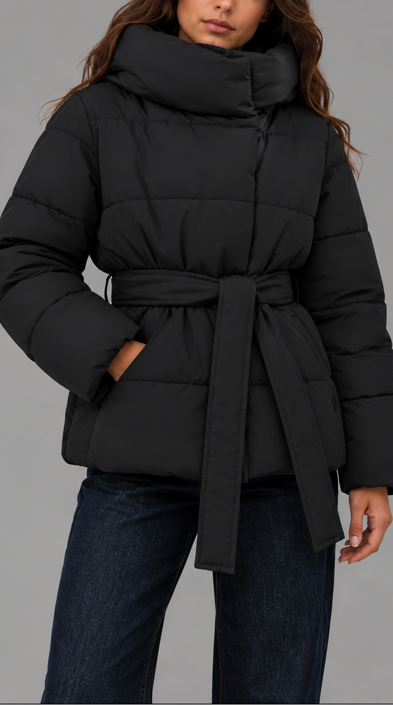 Belted Puffer Jacket With Oversized Funnel Neck