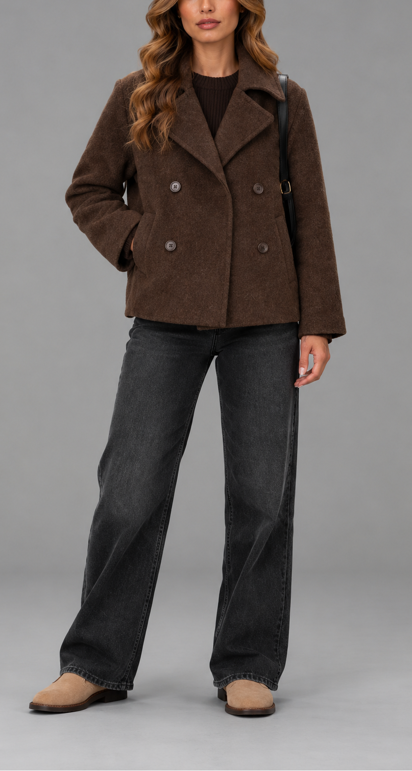 Cropped Double-Breasted Wool-Look Peacoat With Wide Lapels