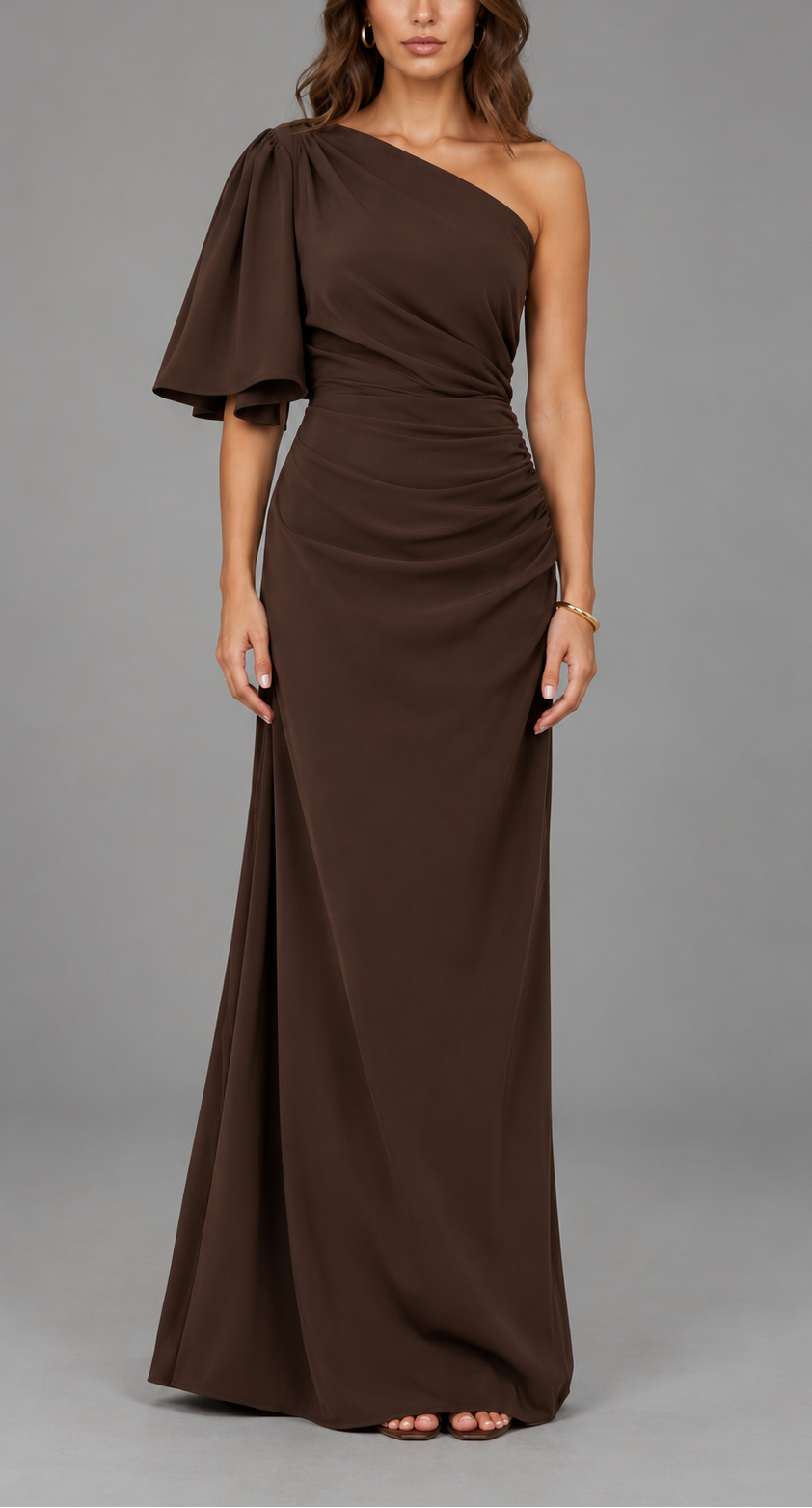 One-Shoulder Draped Maxi Dress With Flutter Sleeve