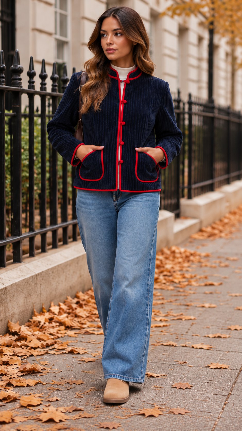 Cropped Collarless Corduroy Jacket With Contrast Trim