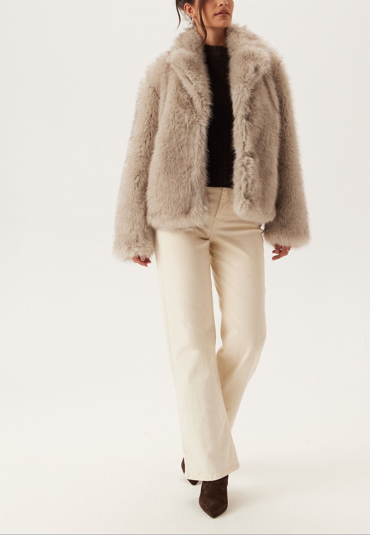 Cropped Faux Fur Jacket With Shawl Collar