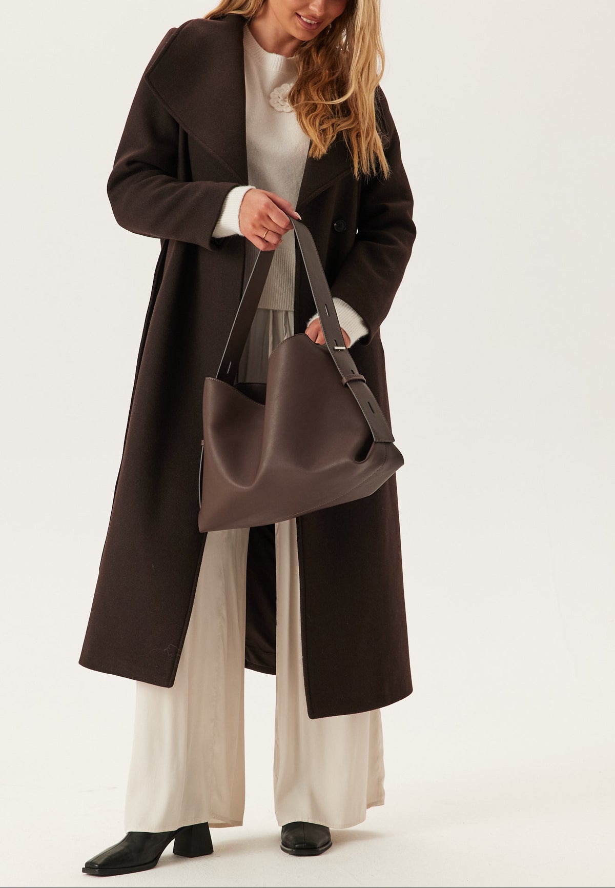 Longline Double-Breasted Wool-Look Coat With Belt